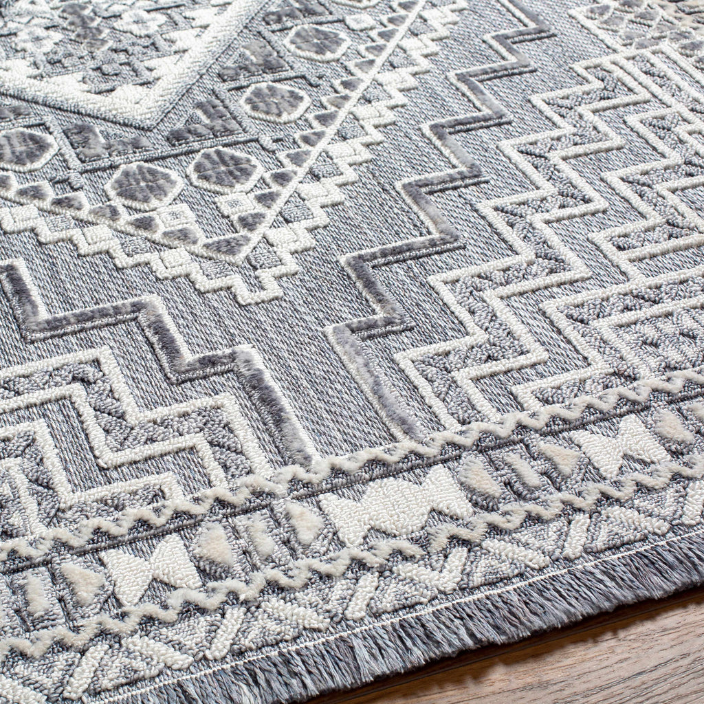 Alya Charcoal Fringe Area Rug | Textured Medallion Design