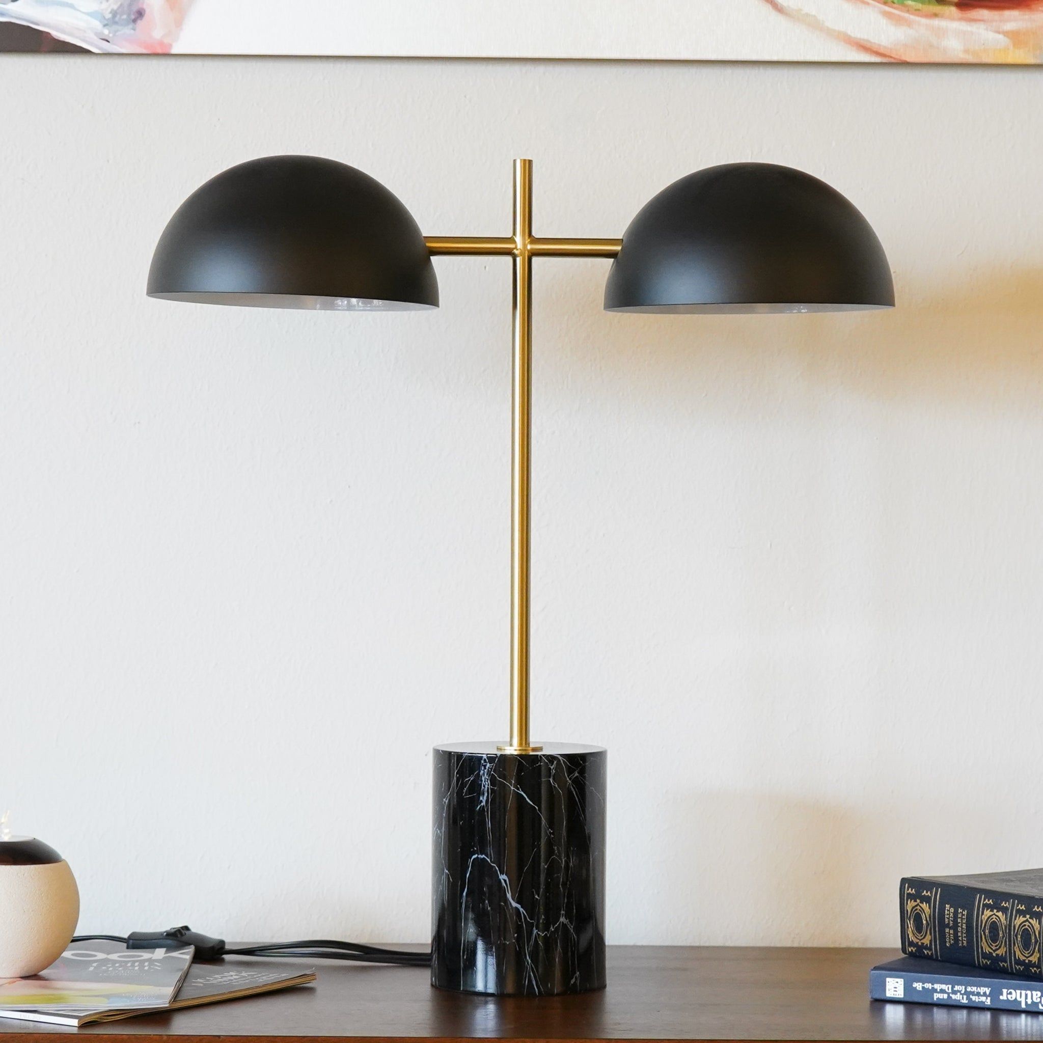 Nova Hydro Double Lamp | Faux Marble Base Dual-Light Table Lamp