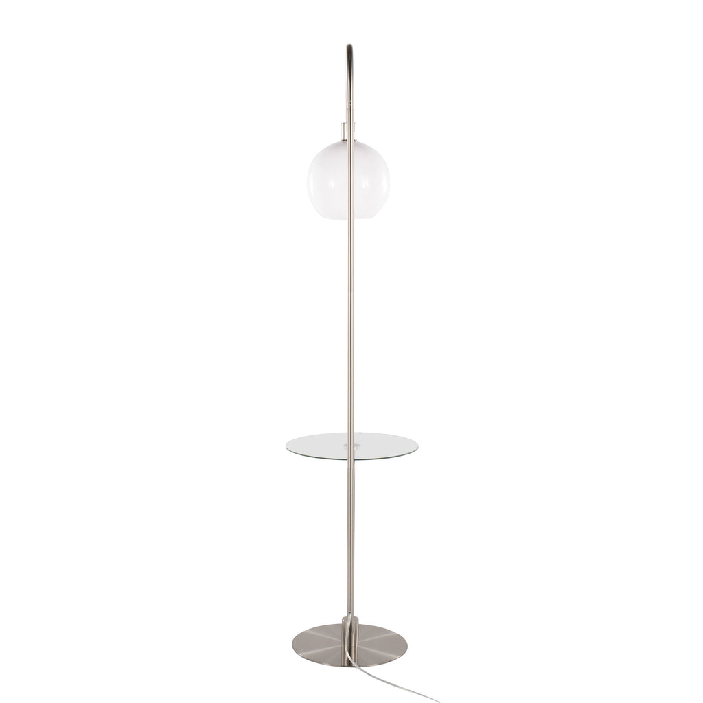 Trombone Contemporary Floor Lamp in Nickel Metal with Clear Glass Shelf