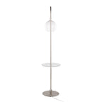 Trombone Contemporary Floor Lamp in Nickel Metal with Clear Glass Shelf