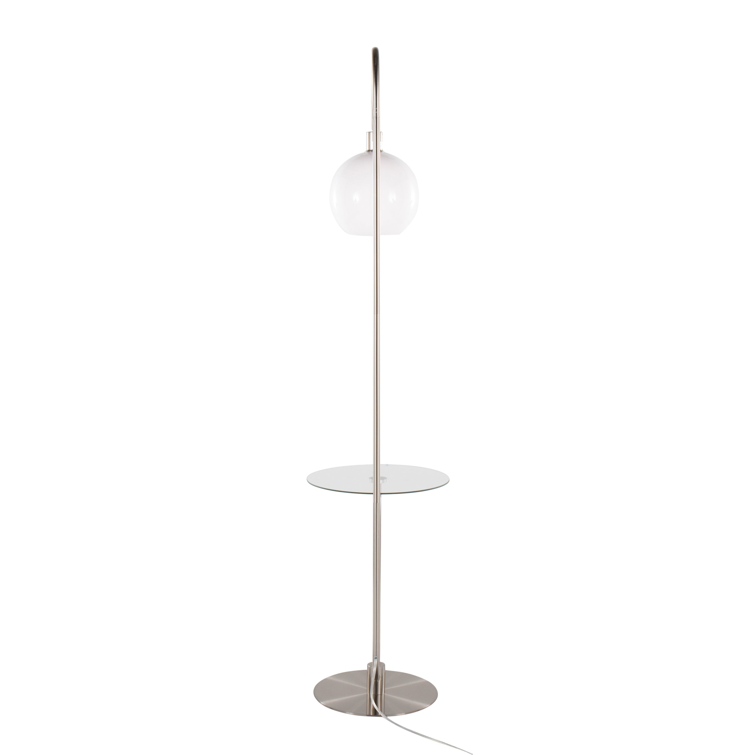 Trombone Contemporary Floor Lamp in Nickel Metal with Clear Glass Shelf