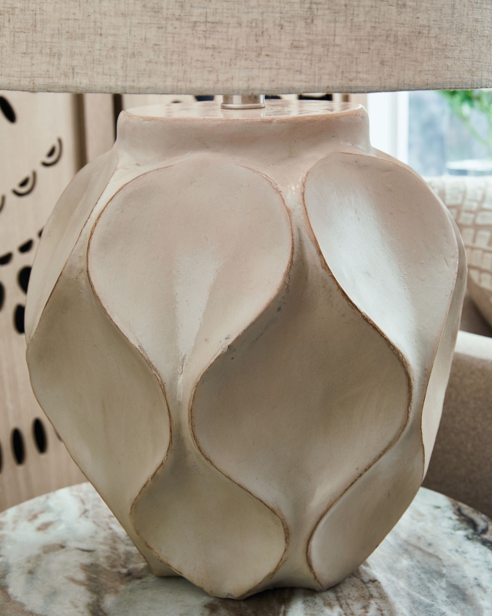 Edselham Paper Table Lamp | Glossy Cream Geometric Contemporary Table Lamp