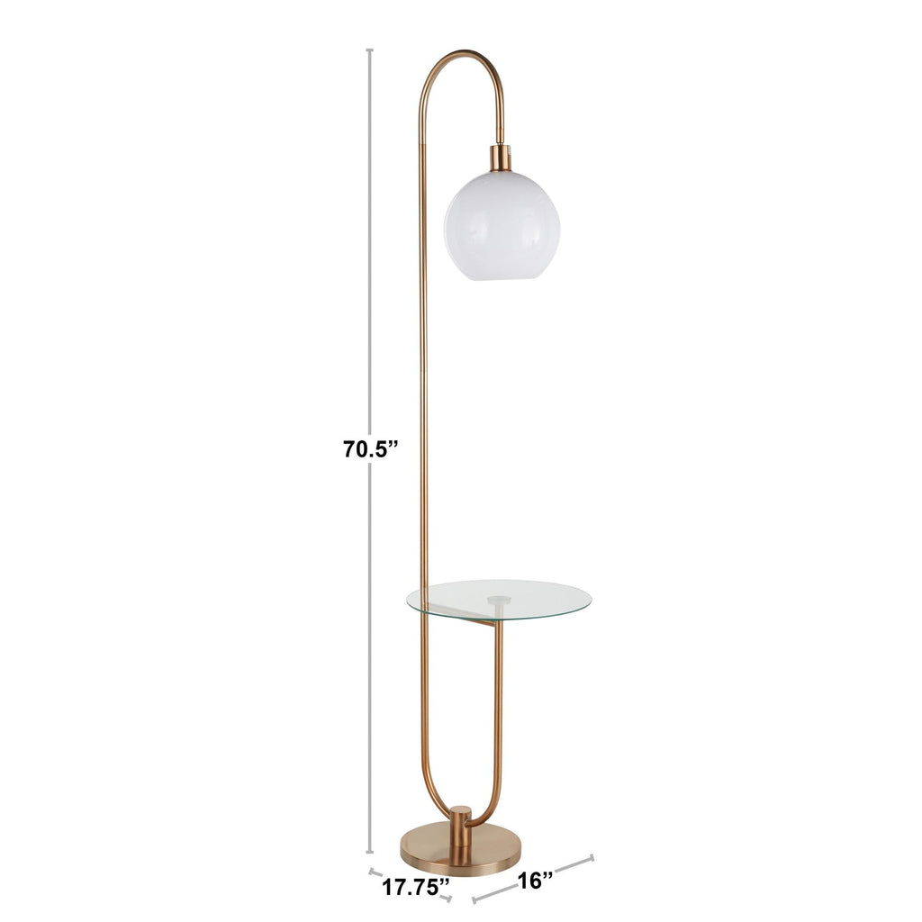 Trombone Contemporary Floor Lamp in Nickel Metal with Clear Glass Shelf