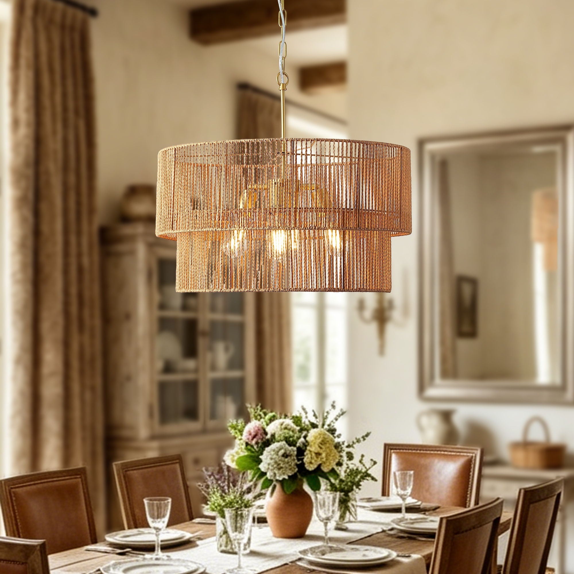 Boho Wabi-Sabi Chandelier | Two-Tier Natural Pendant Ceiling Lamp