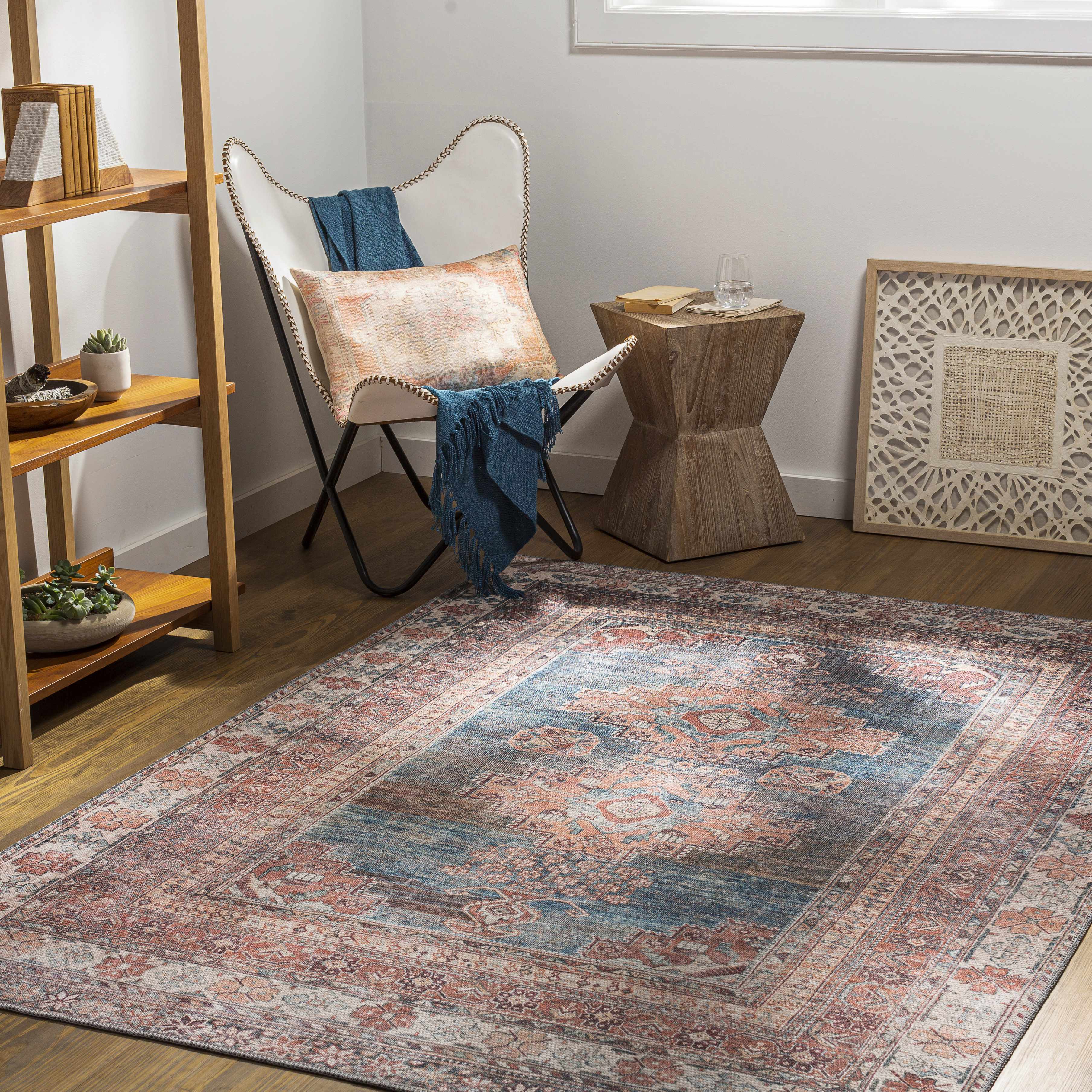 Baltinglass Rust & Blue Washable Area Rug | Southwestern Design – Hauteloom