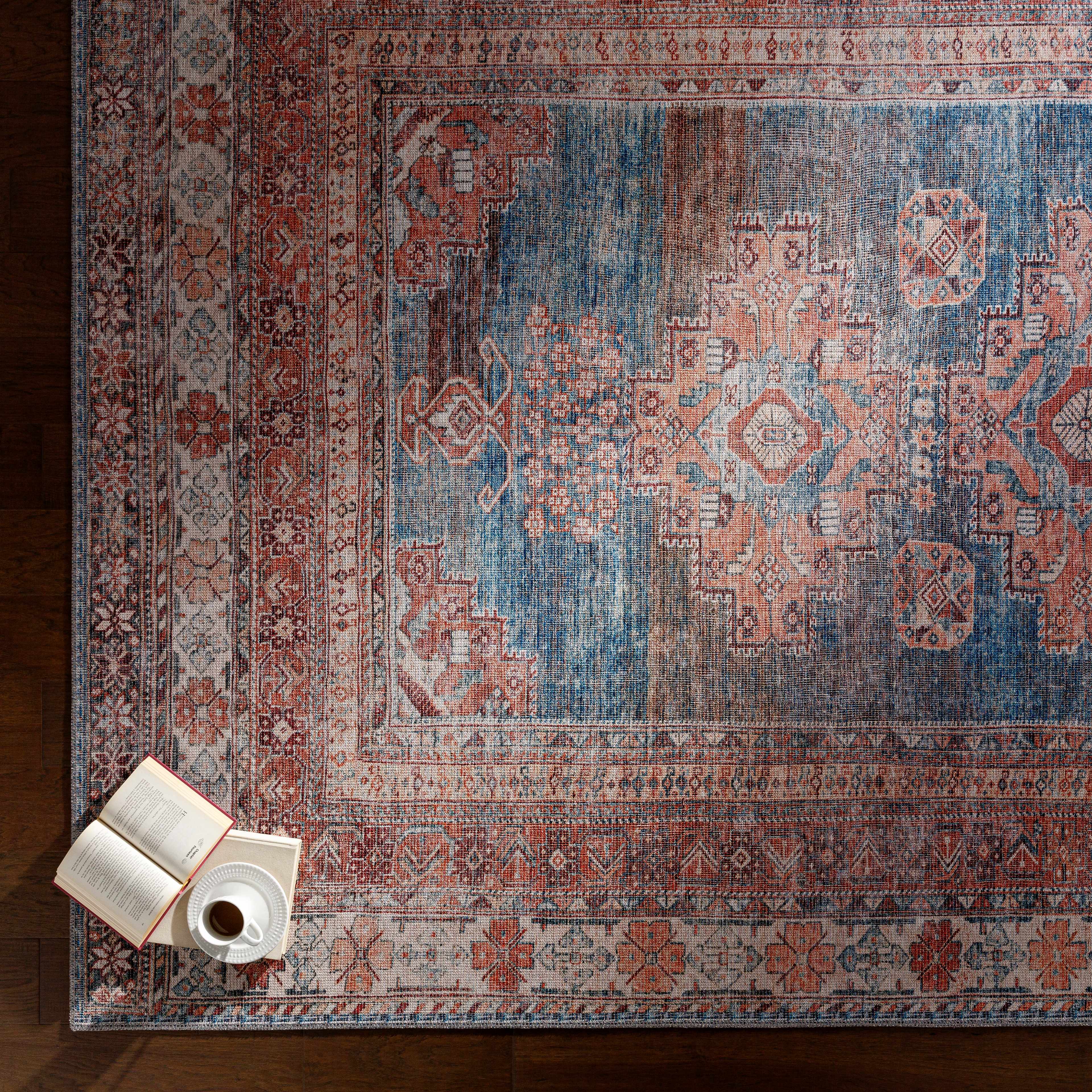 Baltinglass Rust & Blue Washable Area Rug | Southwestern Design – Hauteloom