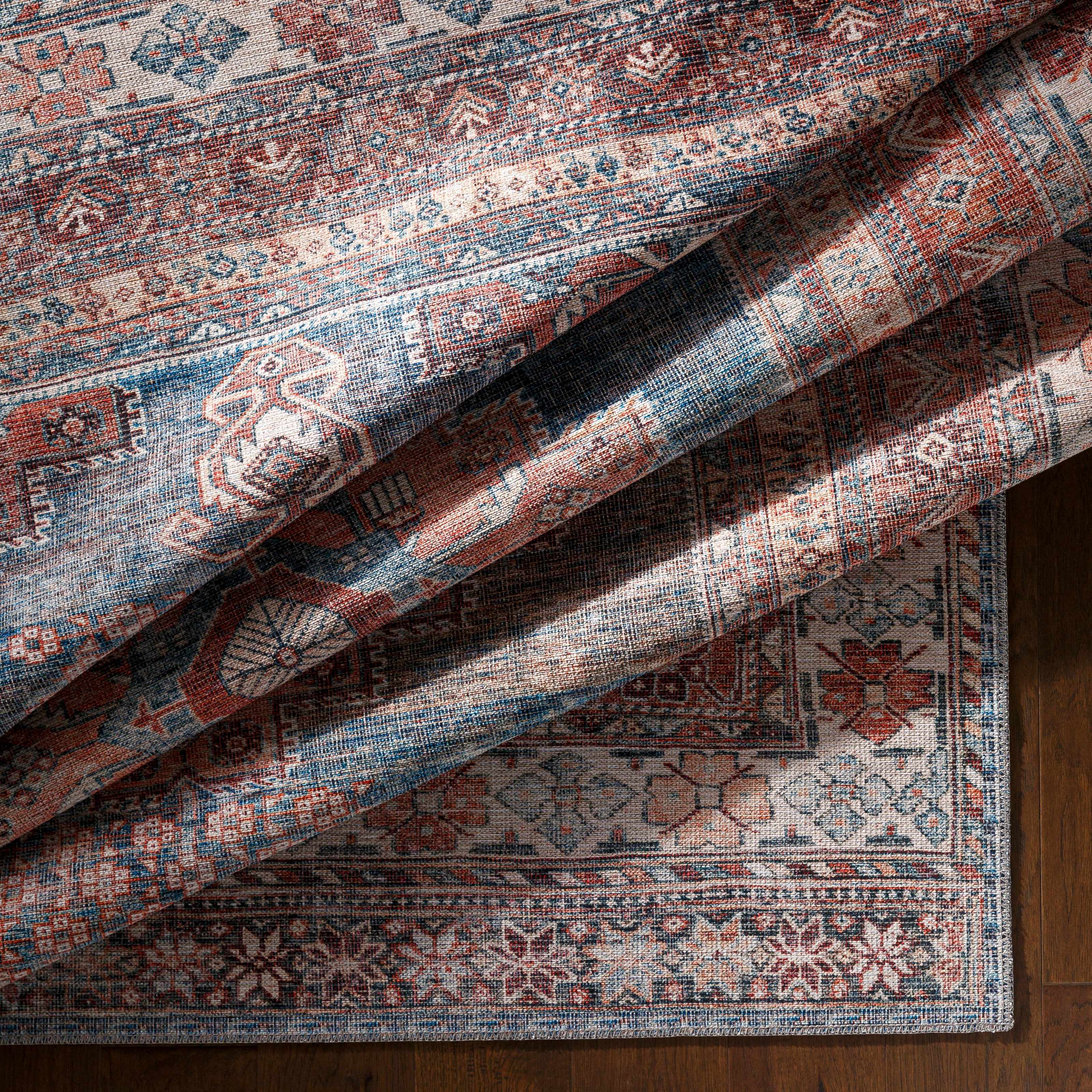 Baltinglass Rust & Blue Washable Area Rug | Southwestern Design – Hauteloom