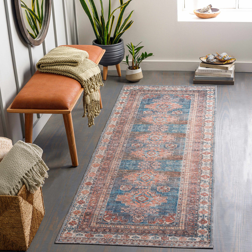 Baltinglass Rust & Blue Washable Area Rug | Southwestern Design – Hauteloom