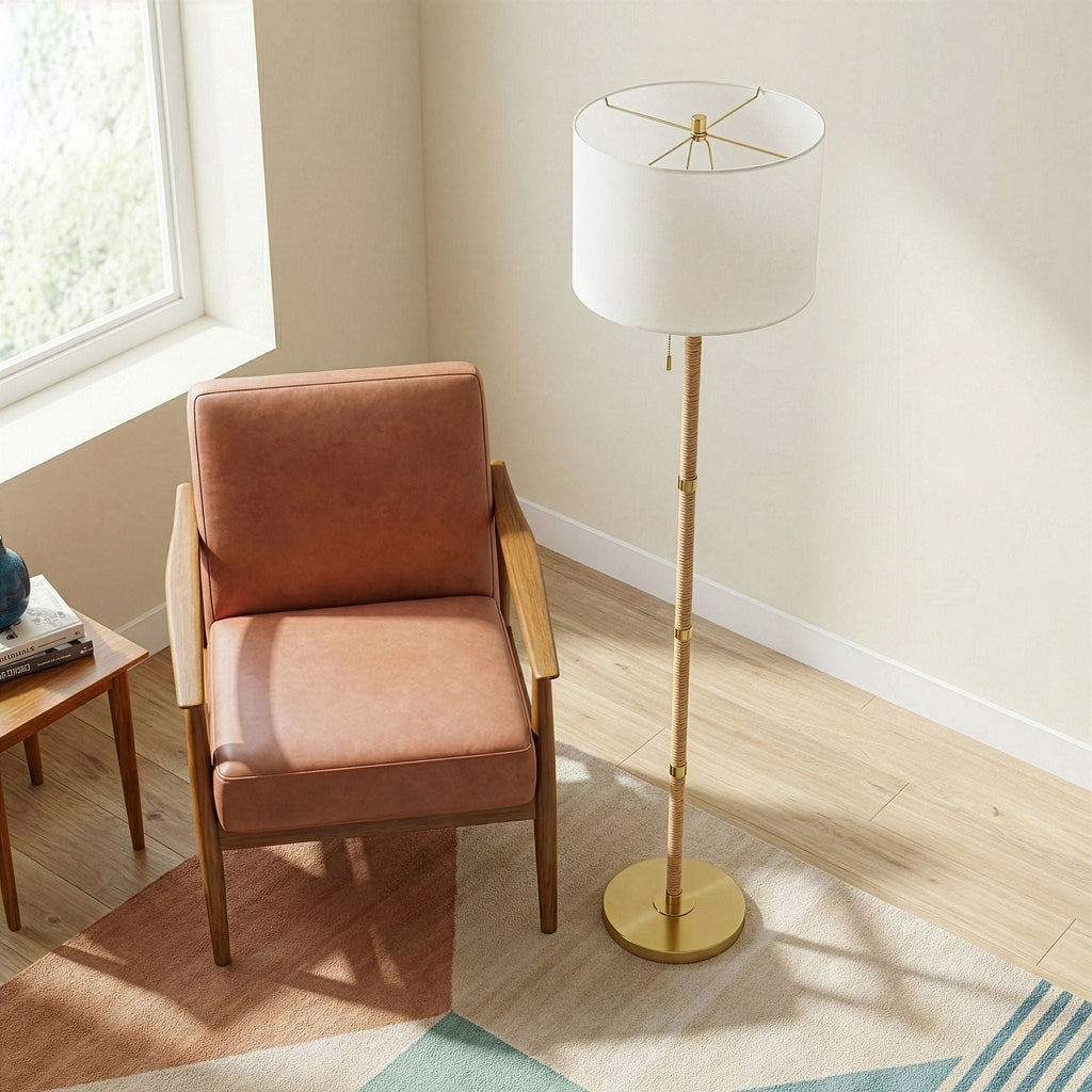 Stellar Linen Shade Floor Lamp | Natural Wood & Rattan Floor Lamp with Linen Shade