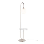 Trombone Contemporary Floor Lamp in Nickel Metal with Clear Glass Shelf