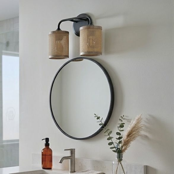 Quell Double Light Vanity Wall Lamp | Rattan Shade Bathroom Vanity Light