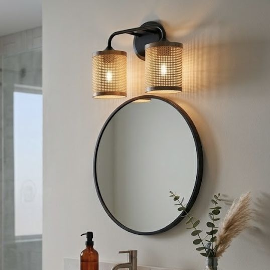 Quell Double Light Vanity Wall Lamp | Rattan Shade Bathroom Vanity Light