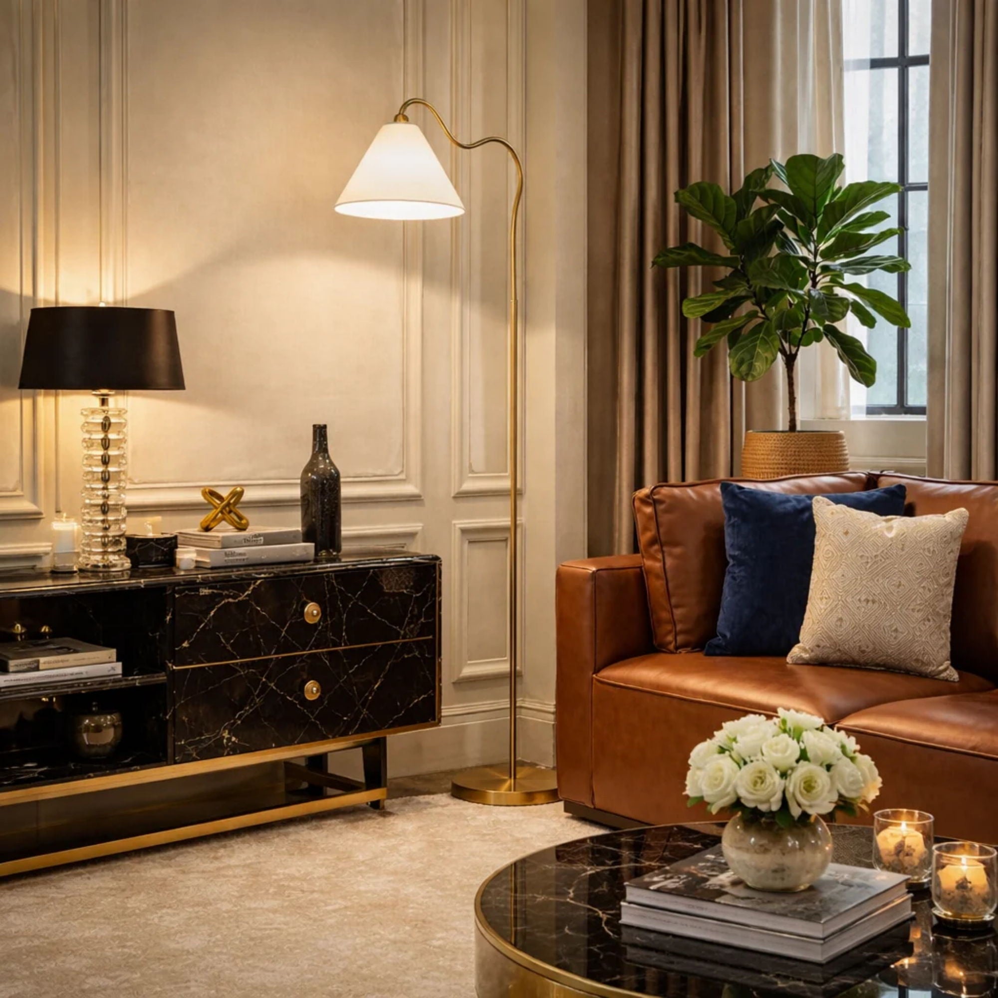 Majestic Ring Base Floor Lamp | Brass Ring Base Curved Floor Lamp