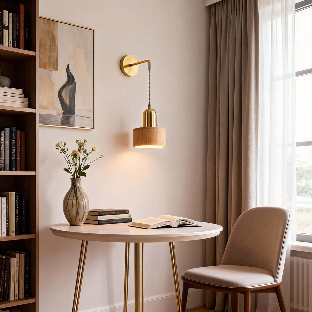 Fivaro Wood & Brass Wall Light | Japandi Bedside Accent Sconce