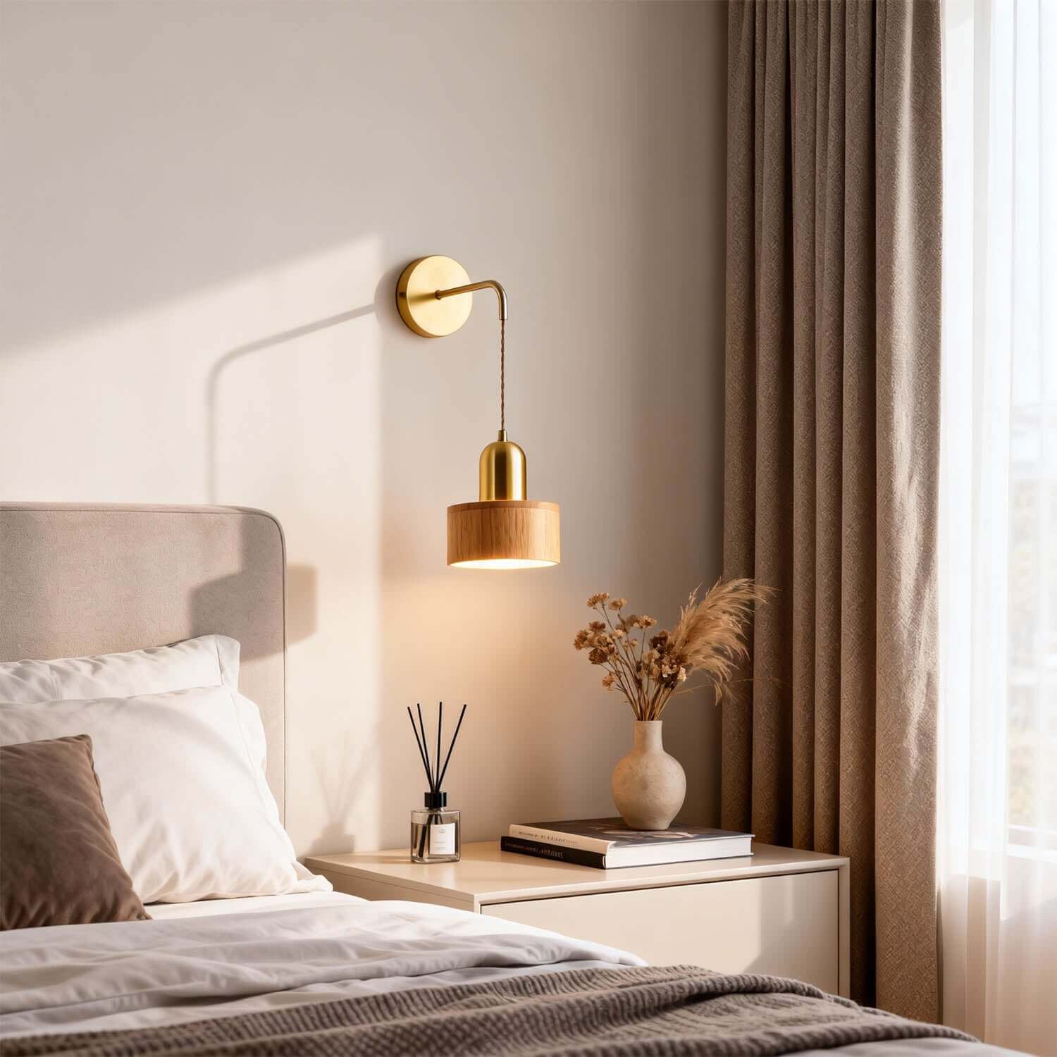 Fivaro Wood & Brass Wall Light | Japandi Bedside Accent Sconce