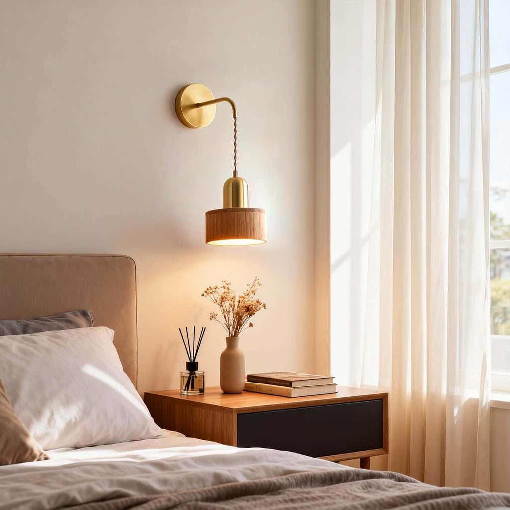 Fivaro Wood & Brass Wall Light | Japandi Bedside Accent Sconce