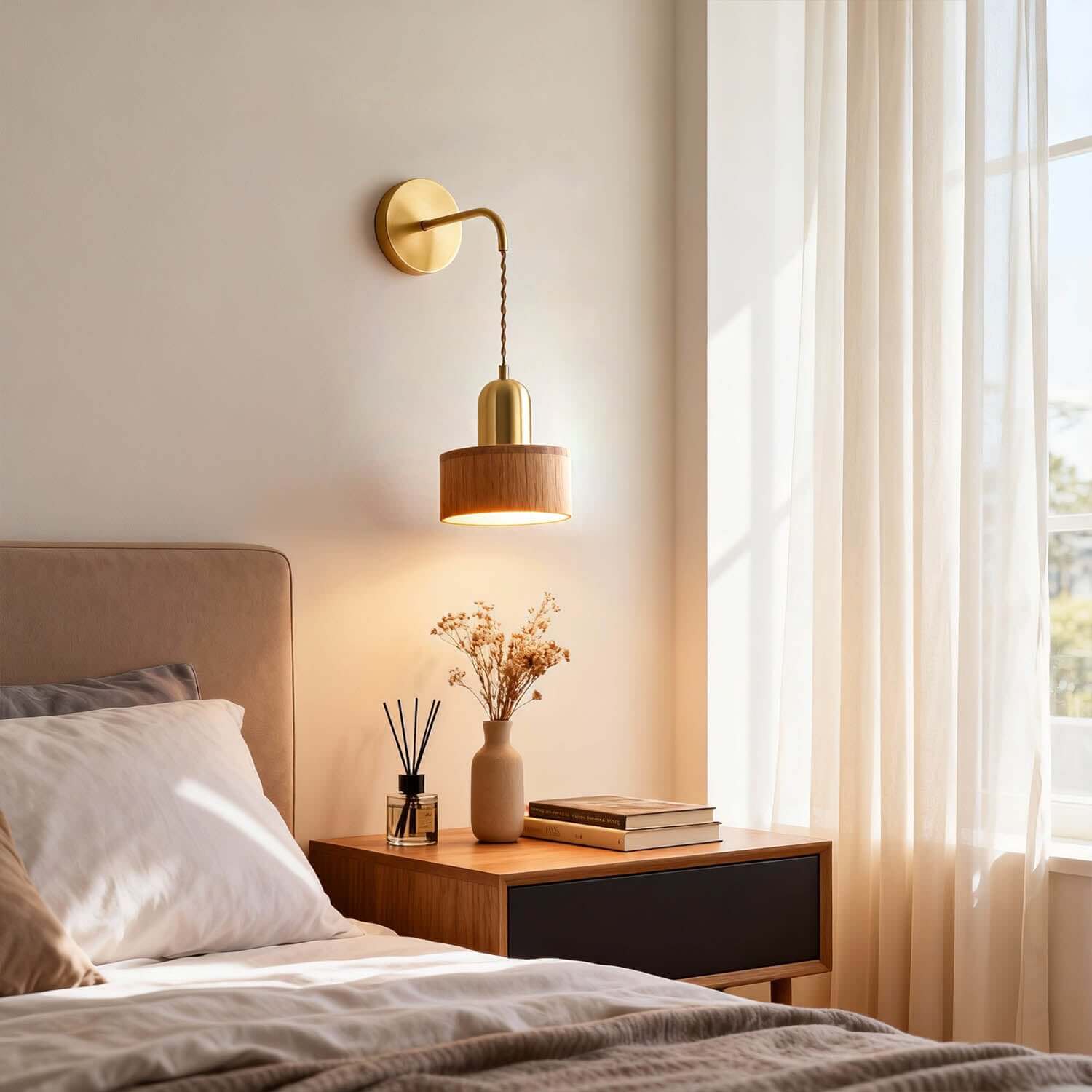 Fivaro Wood & Brass Wall Light | Japandi Bedside Accent Sconce