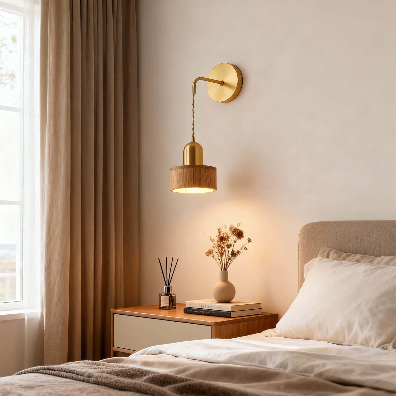 Fivaro Wood & Brass Wall Light | Japandi Bedside Accent Sconce