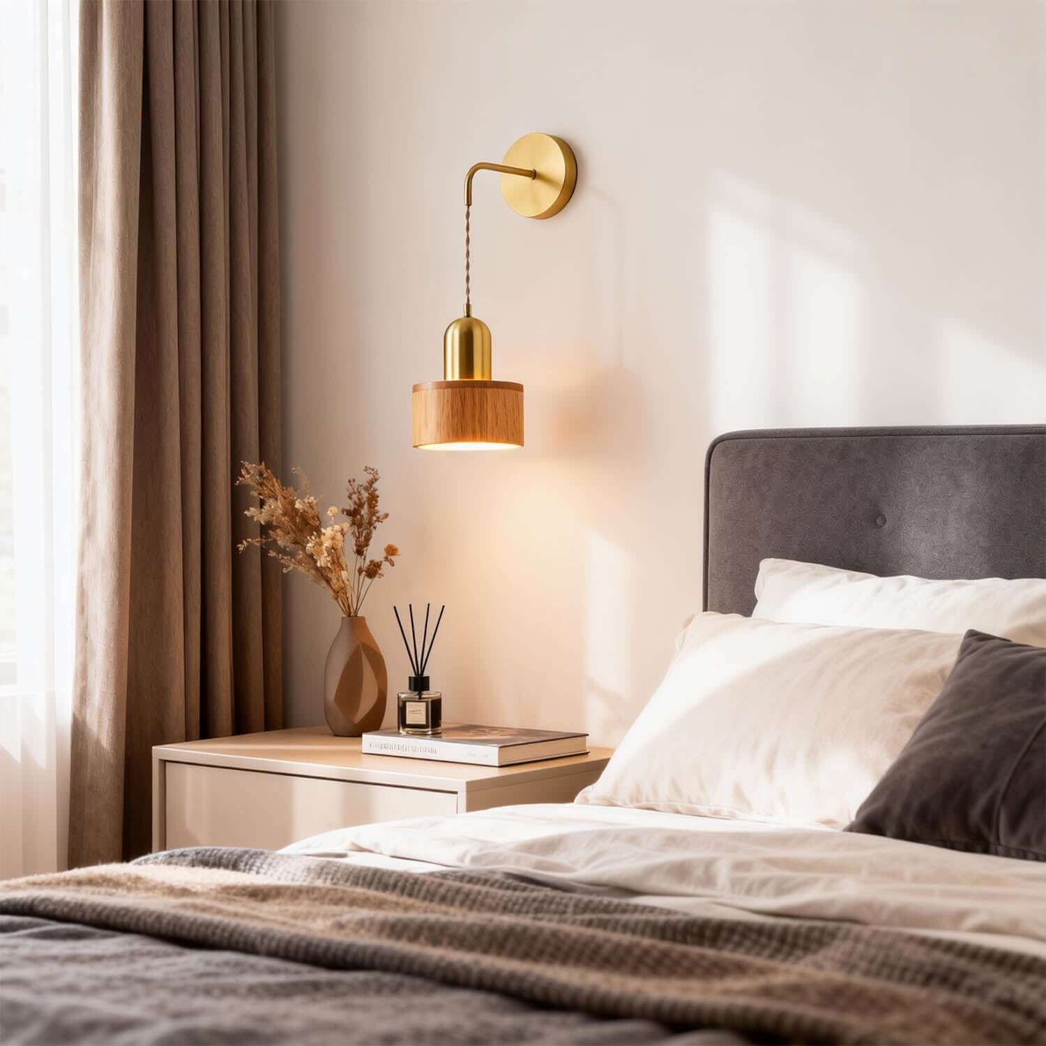 Fivaro Wood & Brass Wall Light | Japandi Bedside Accent Sconce