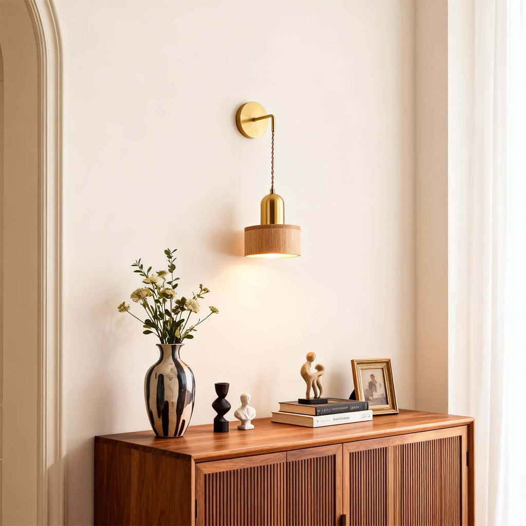 Fivaro Wood & Brass Wall Light | Japandi Bedside Accent Sconce