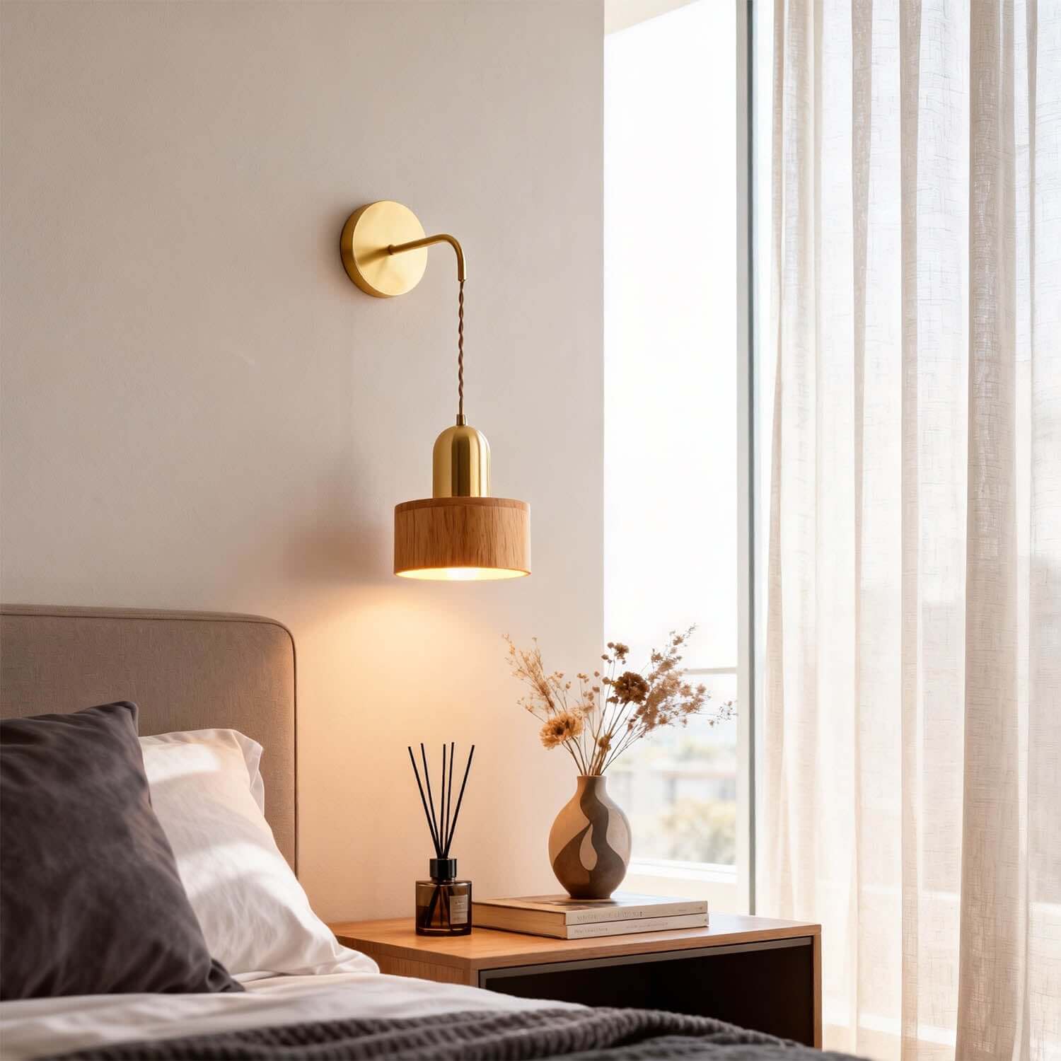 Fivaro Wood & Brass Wall Light | Japandi Bedside Accent Sconce