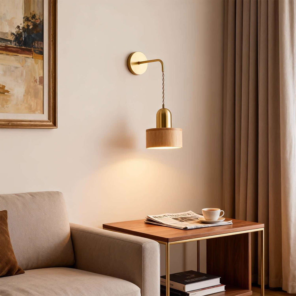 Fivaro Wood & Brass Wall Light | Japandi Bedside Accent Sconce