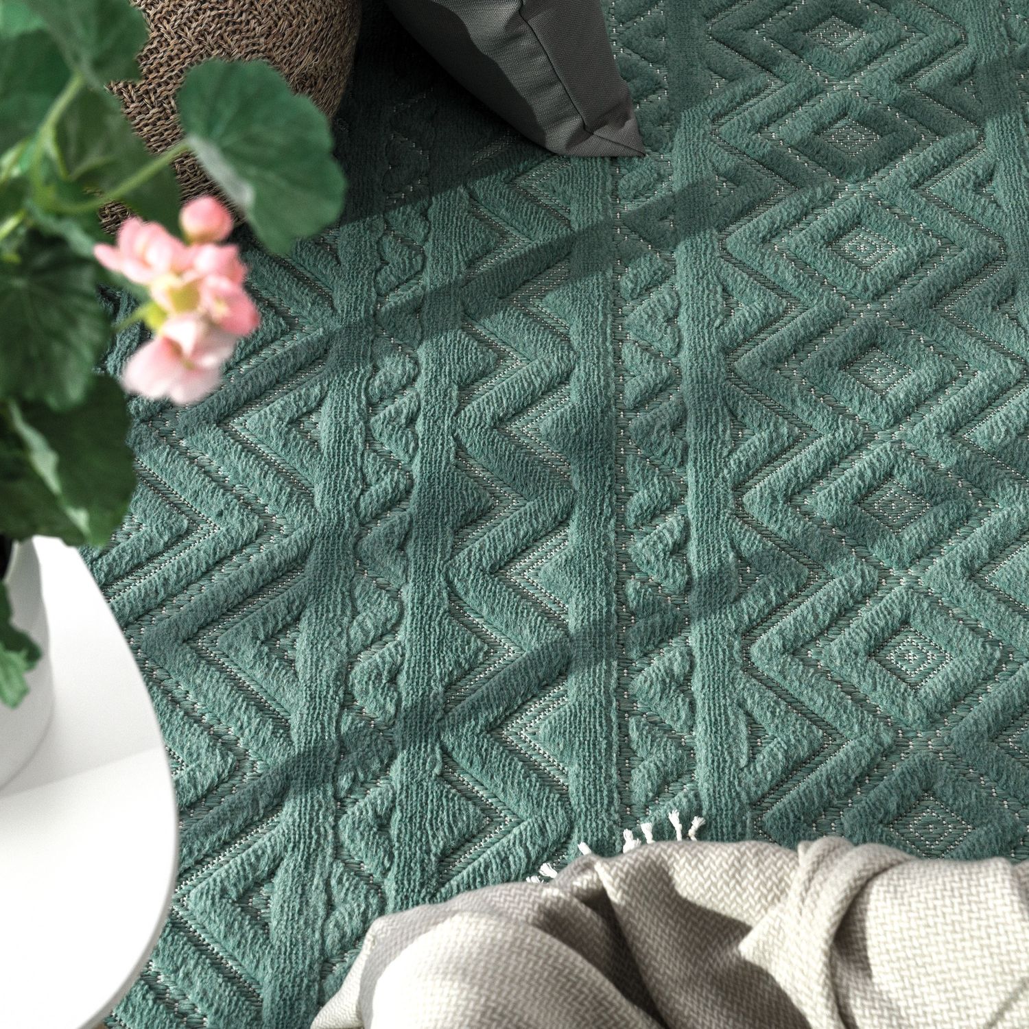Outdoor Rug Livorno Boho High-Low Pattern In Turquoise