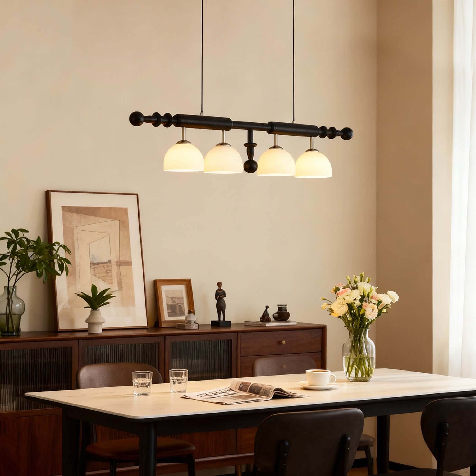 Havilo Linear Wood Chandelier | Long Dining Room Statement Light