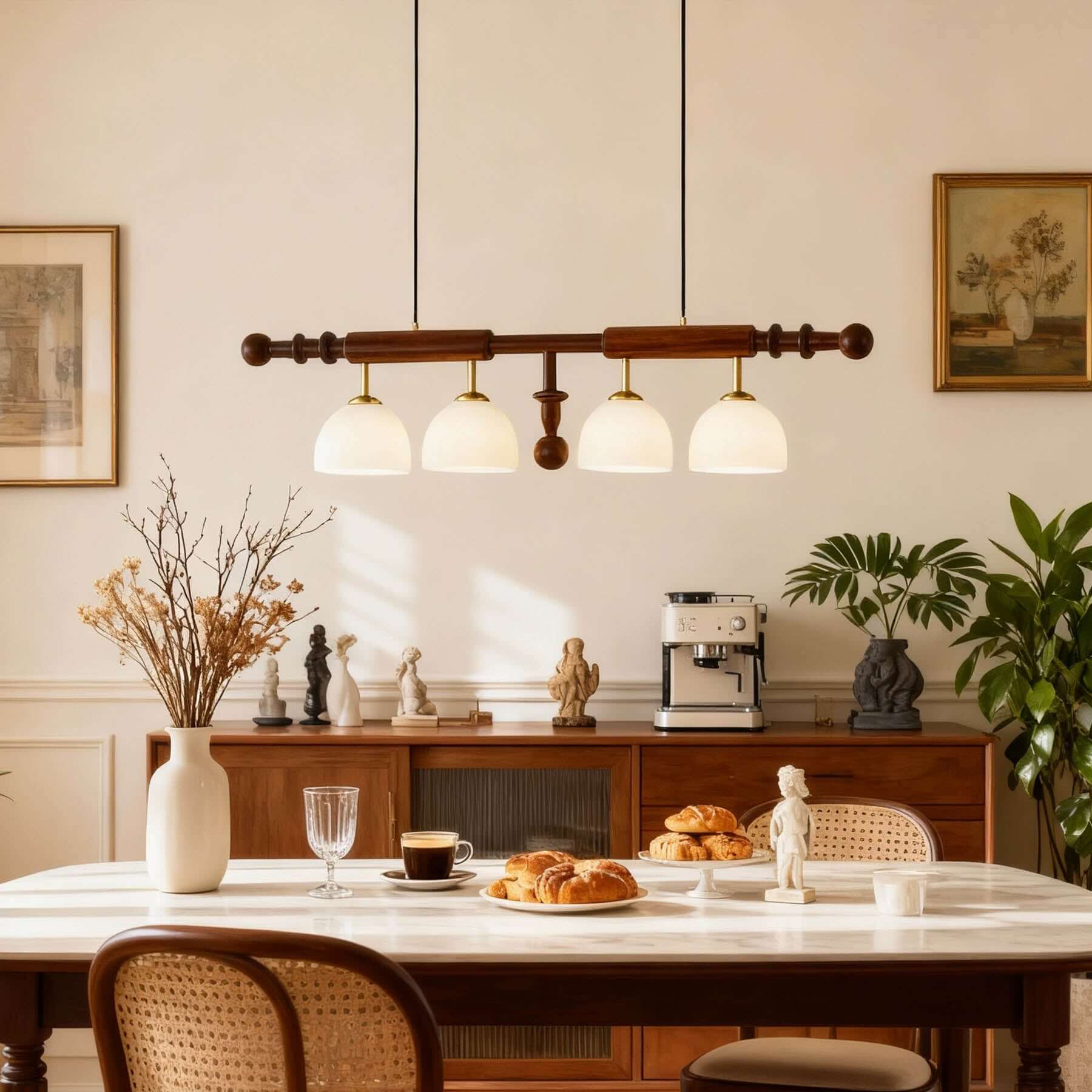 Havilo Linear Wood Chandelier | Long Dining Room Statement Light