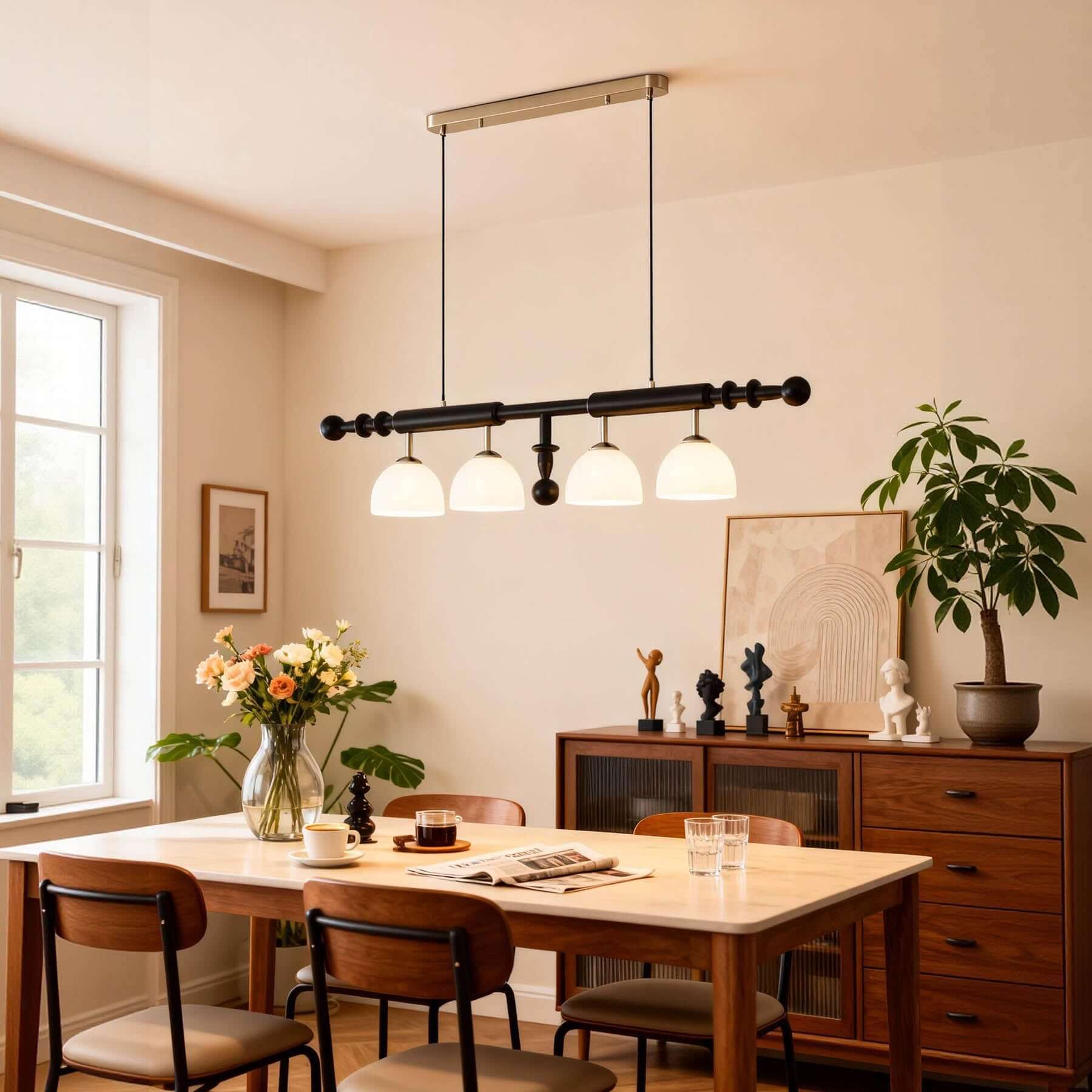 Havilo Linear Wood Chandelier | Long Dining Room Statement Light