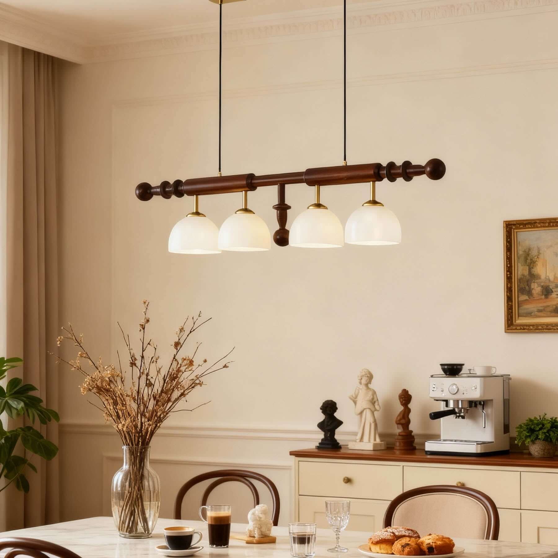 Havilo Linear Wood Chandelier | Long Dining Room Statement Light