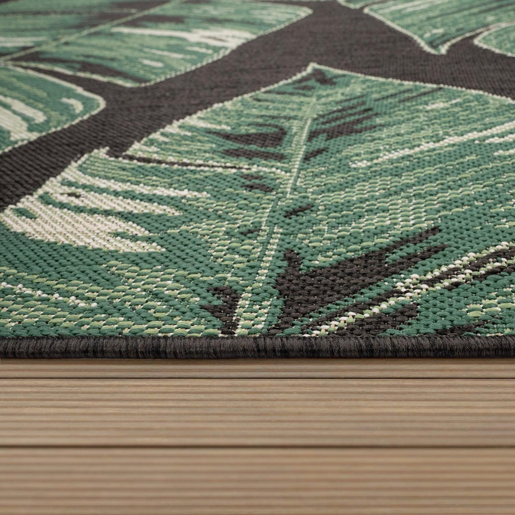 Ostende Jungle Leaves Outdoor Rug | Waterproof Black & Green Design