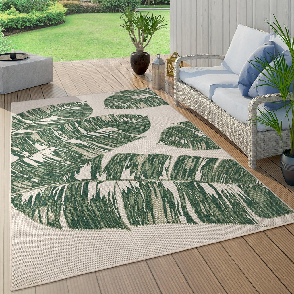 Ostende Jungle Leaves Indoor/Outdoor Rug | Waterproof Cream & Green Design