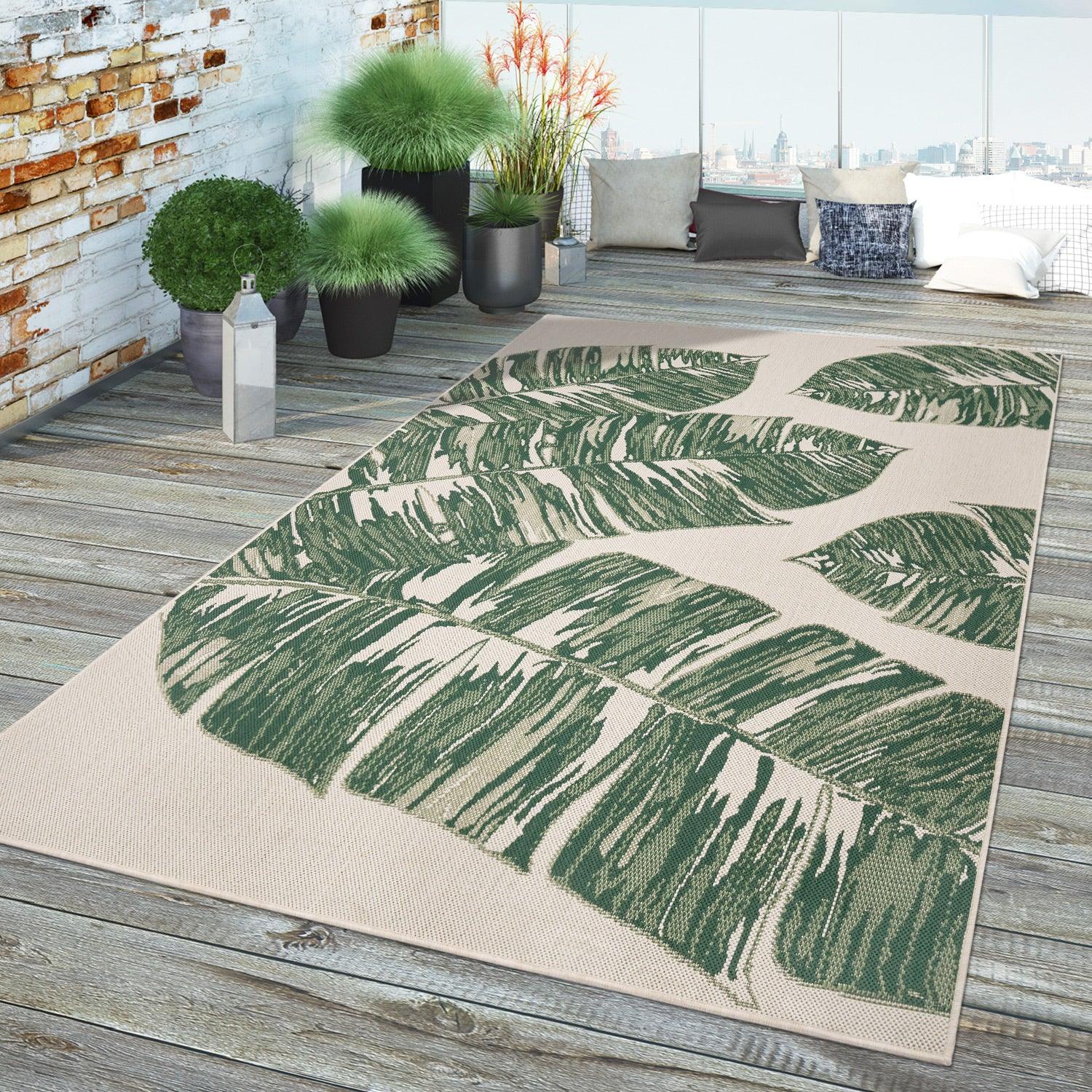 Ostende Jungle Leaves Indoor/Outdoor Rug | Waterproof Cream & Green Design