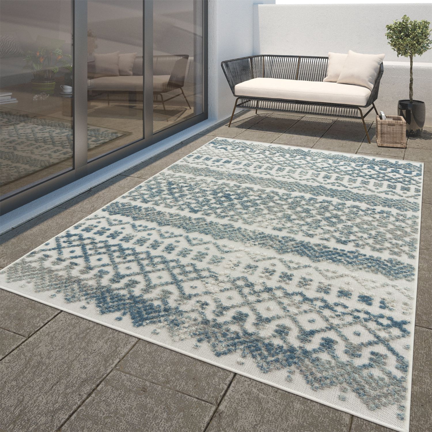 Outdoor Rug Marrakesh High/Low Effect Trellis in Turquoise Cream