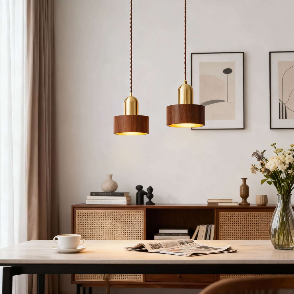 Kalvio Wood & Brass Pendant Lamp | Japandi Bedside Hanging Light