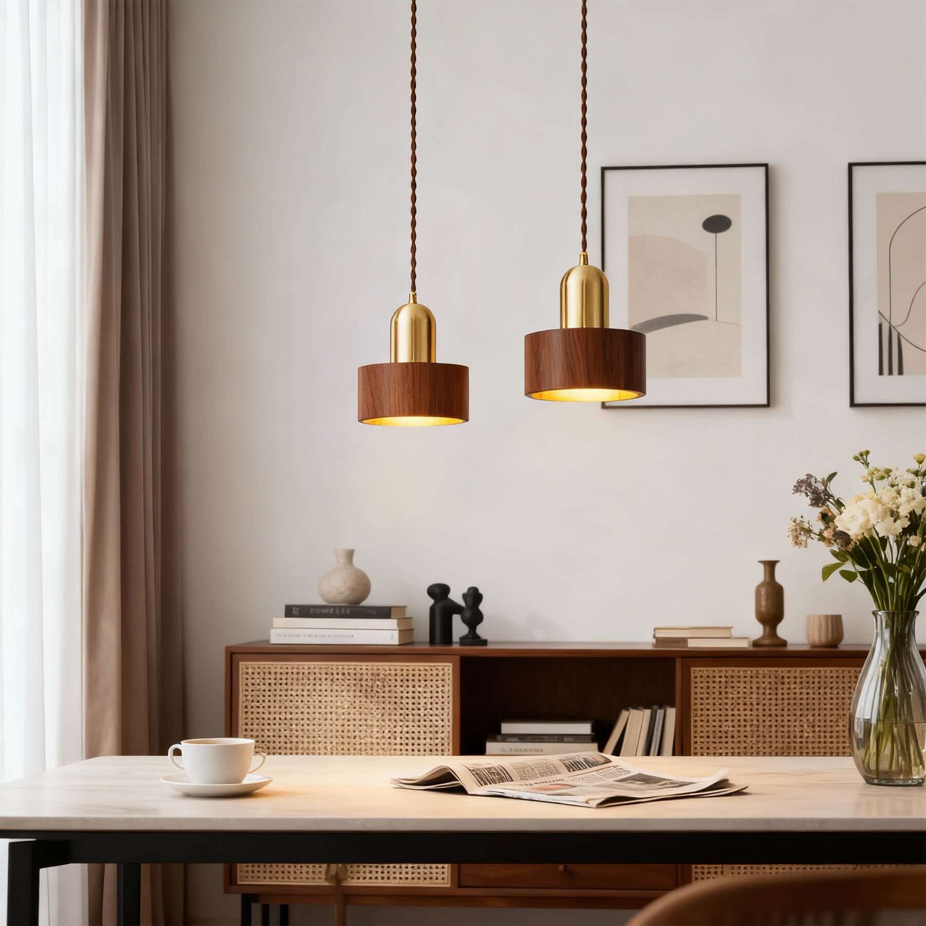Kalvio Wood & Brass Pendant Lamp | Japandi Bedside Hanging Light