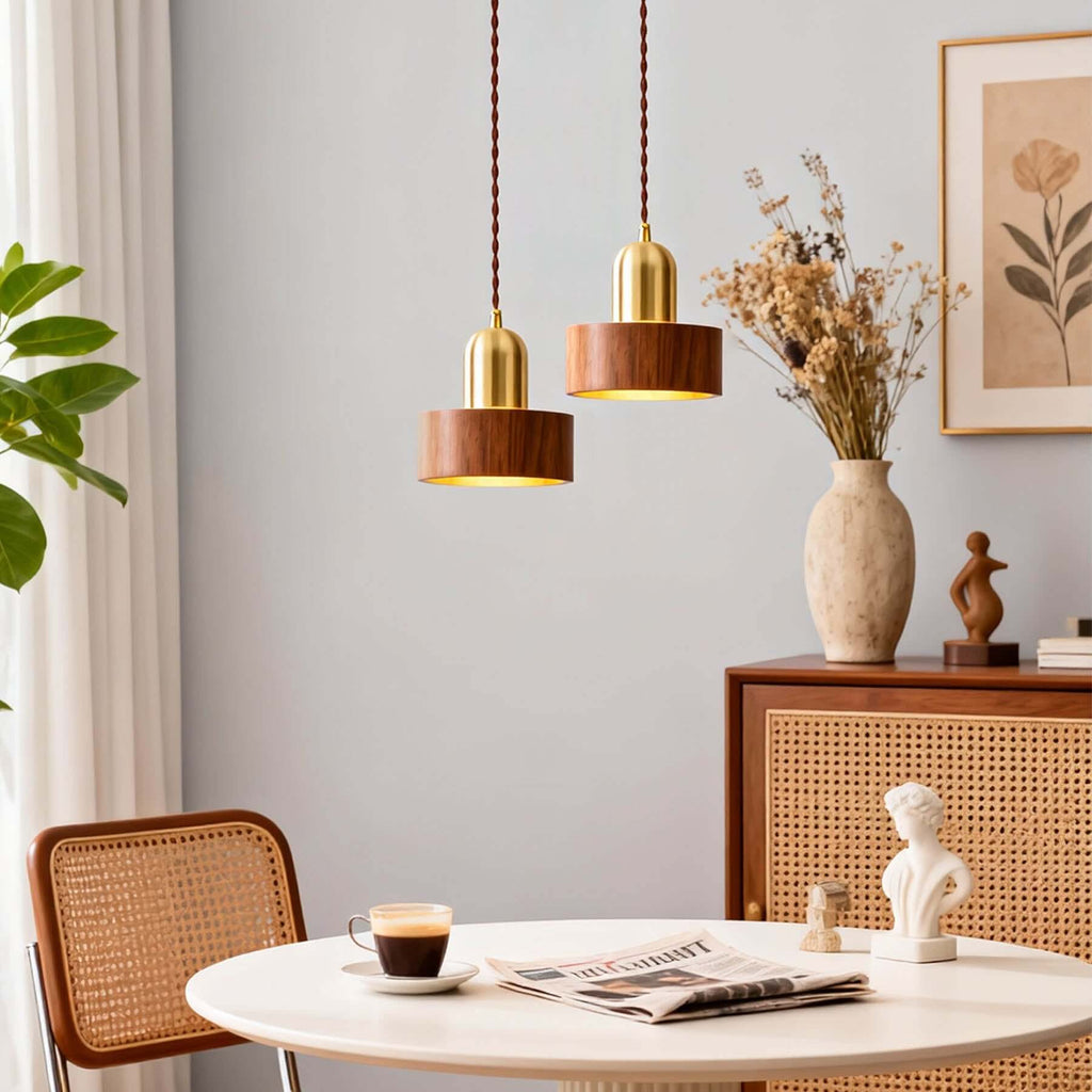 Kalvio Wood & Brass Pendant Lamp | Japandi Bedside Hanging Light