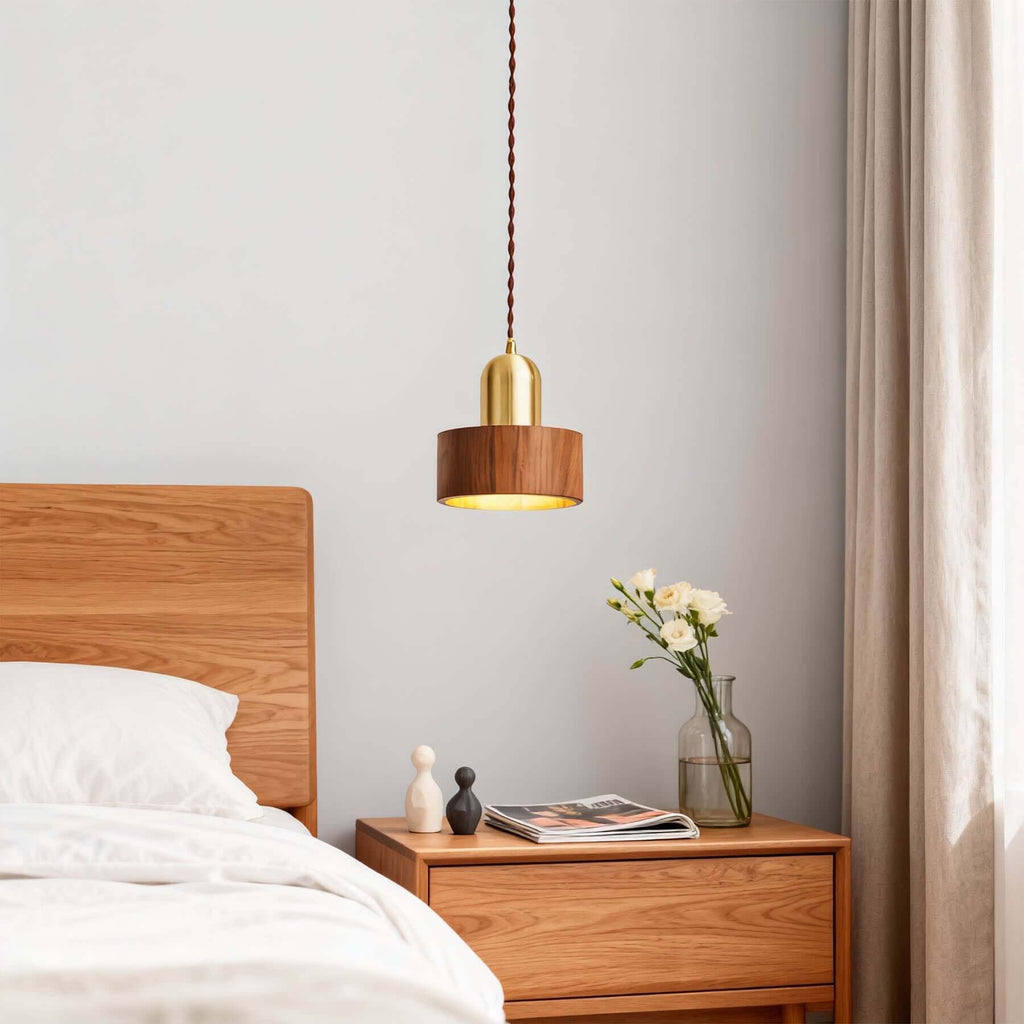 Kalvio Wood & Brass Pendant Lamp | Japandi Bedside Hanging Light