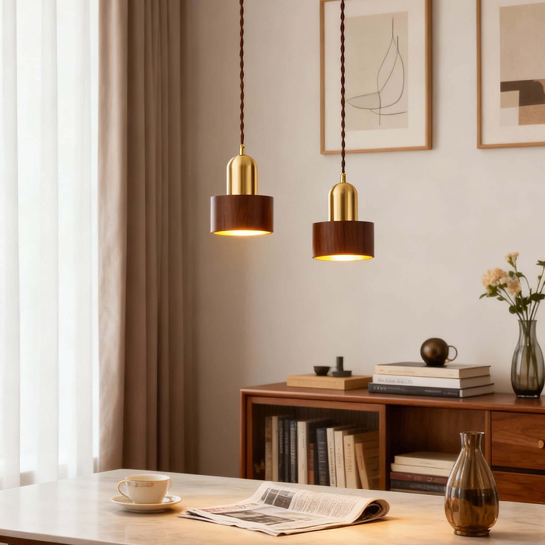 Kalvio Wood & Brass Pendant Lamp | Japandi Bedside Hanging Light