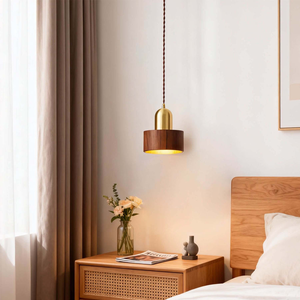 Kalvio Wood & Brass Pendant Lamp | Japandi Bedside Hanging Light