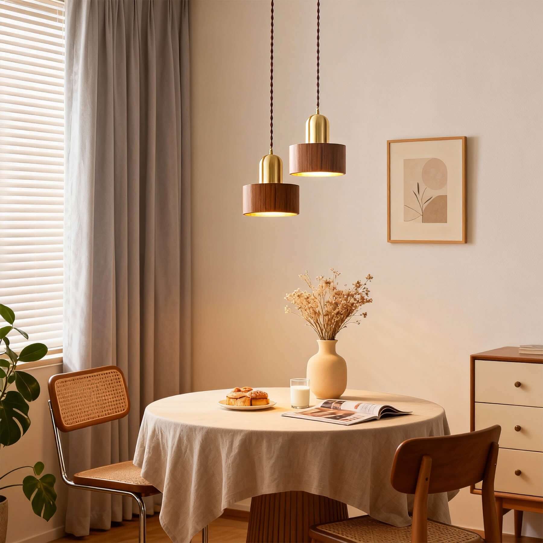 Kalvio Wood & Brass Pendant Lamp | Japandi Bedside Hanging Light