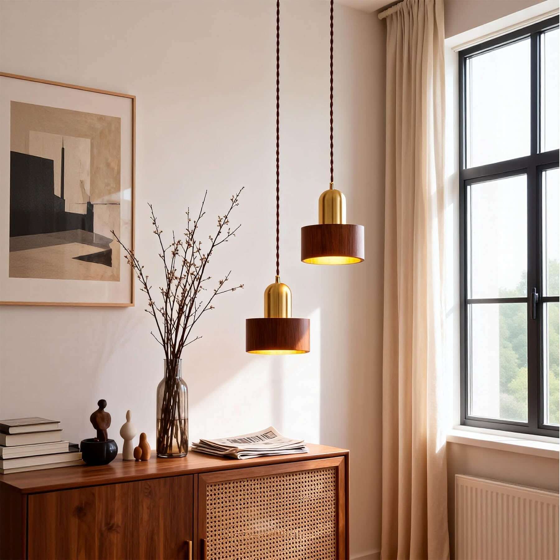 Kalvio Wood & Brass Pendant Lamp | Japandi Bedside Hanging Light