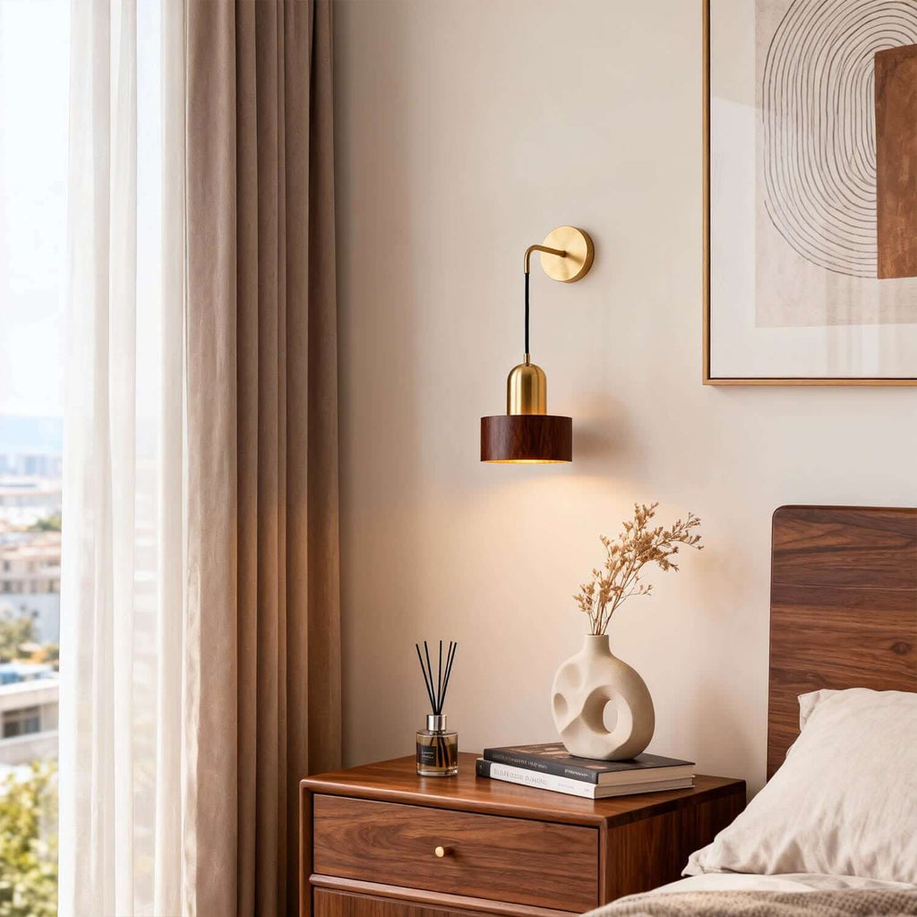 Kalvio Wood & Brass Wall Light | Japandi Bedroom Corner Sconce