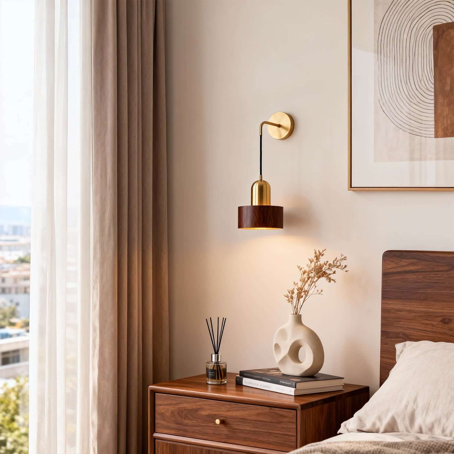 Kalvio Wood & Brass Wall Light | Japandi Bedroom Corner Sconce