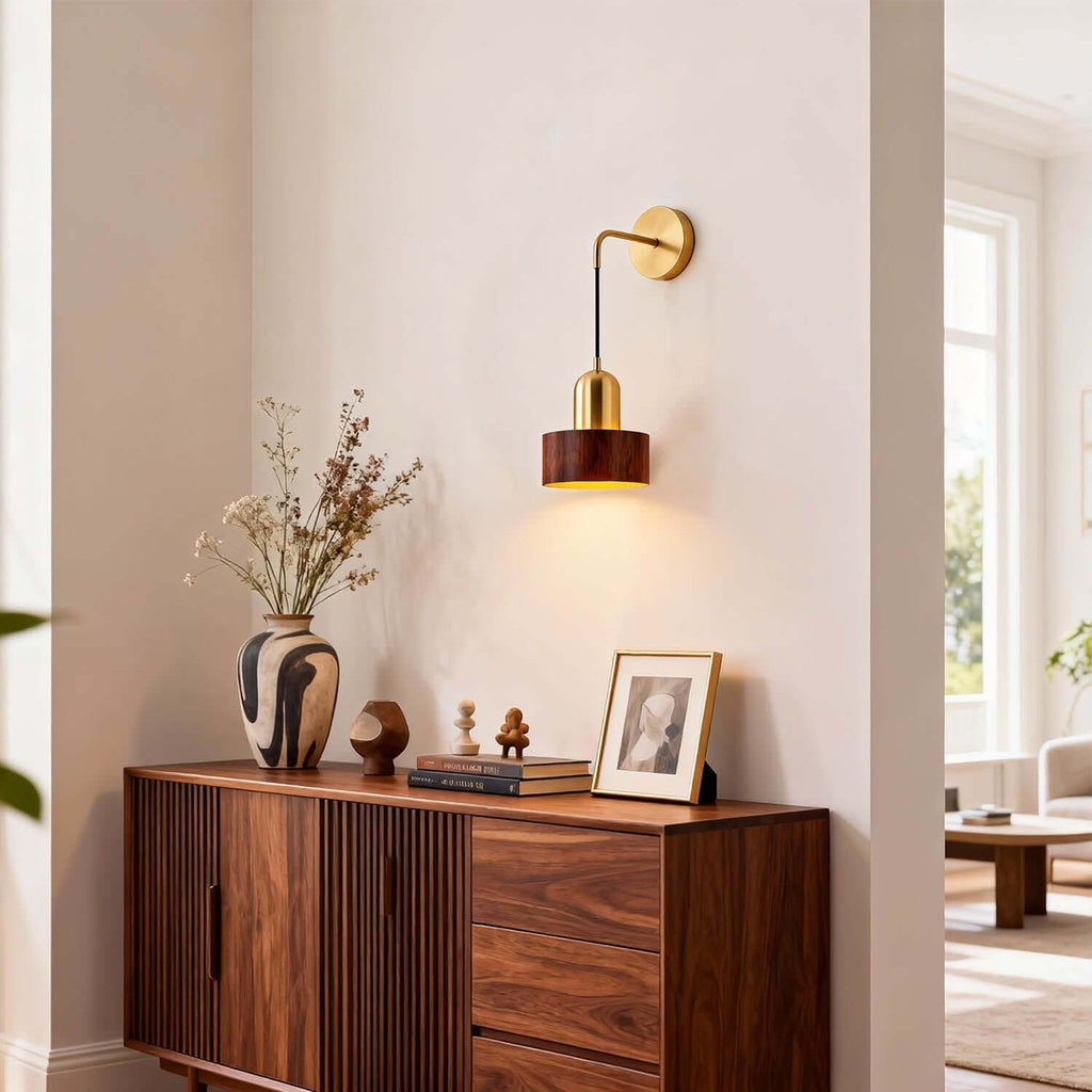 Kalvio Wood & Brass Wall Light | Japandi Bedroom Corner Sconce