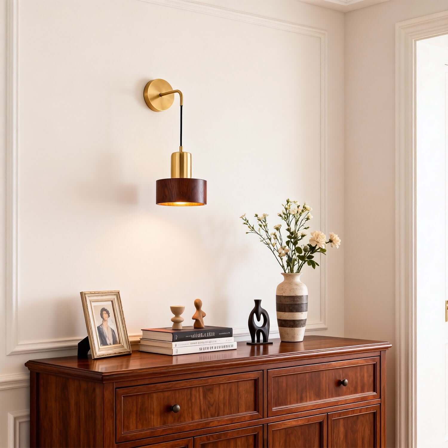 Kalvio Wood & Brass Wall Light | Japandi Bedroom Corner Sconce