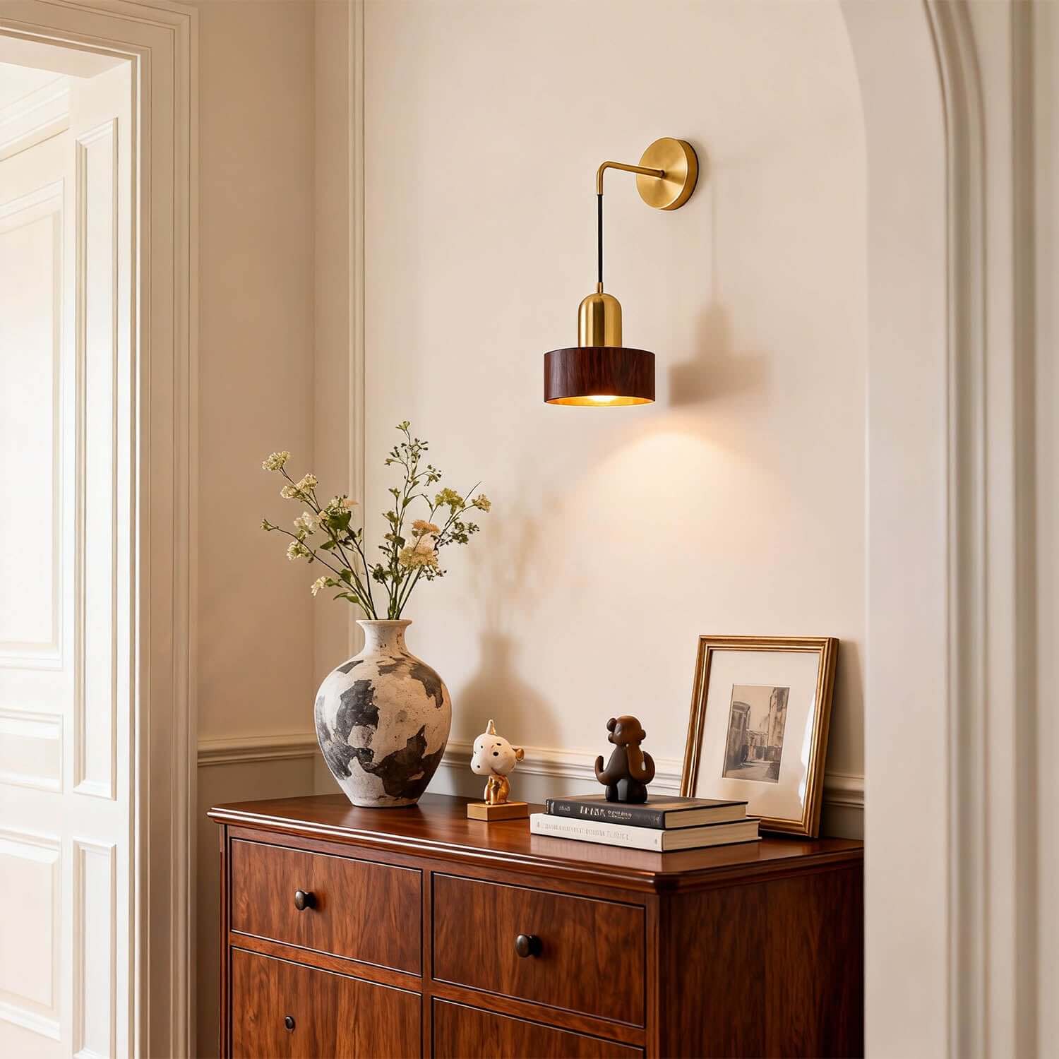 Kalvio Wood & Brass Wall Light | Japandi Bedroom Corner Sconce