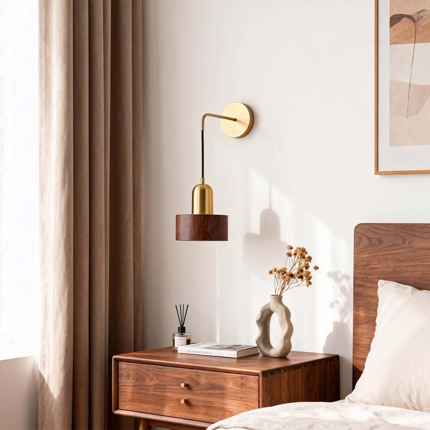 Kalvio Wood & Brass Wall Light | Japandi Bedroom Corner Sconce