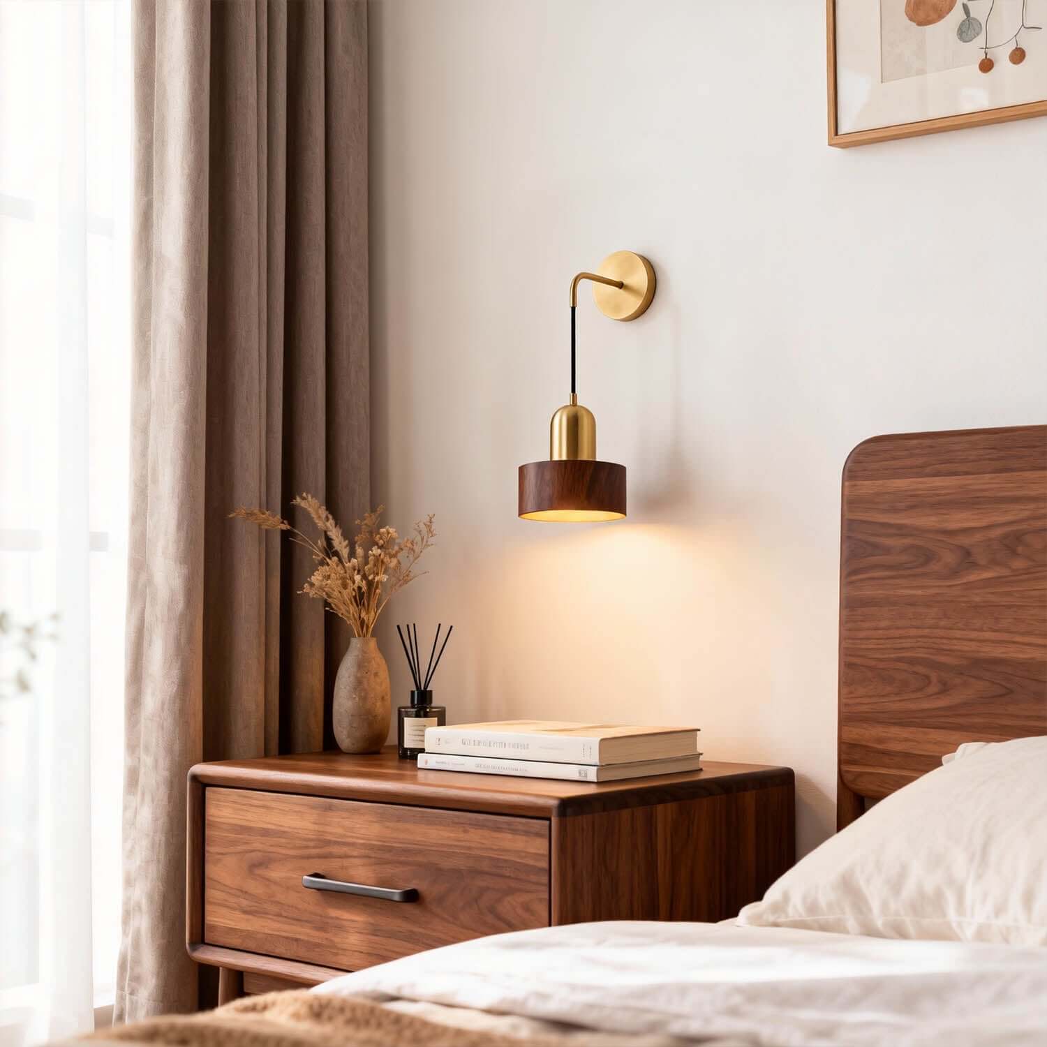Kalvio Wood & Brass Wall Light | Japandi Bedroom Corner Sconce